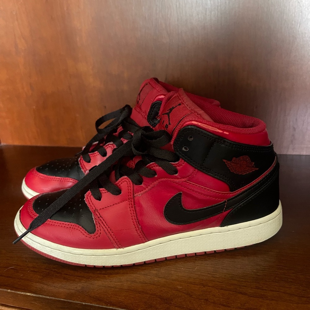 Air Jordan 1 Mid GS Reverse Bred Red and Black Sneakers